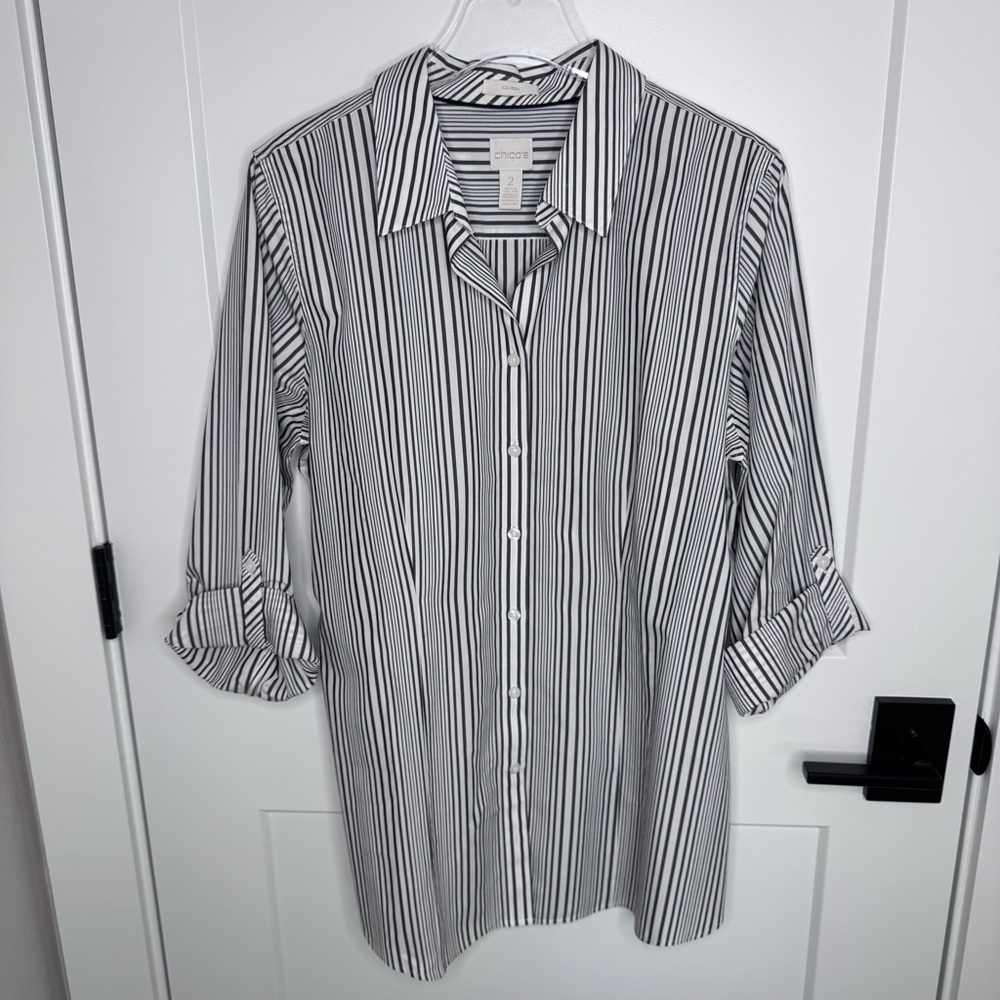 Chico's No-Iron Button Up Long Roll Tab Sleeves Collar Tunic Top Size Large (2) - Picture 2 of 6